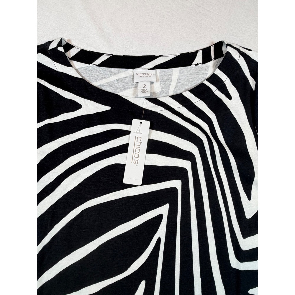 Chicos Weekends Zebra Play Boat Neck Elbow Sleeve Tunic Top Black White Sz 2 (L) - Picture 2 of 7